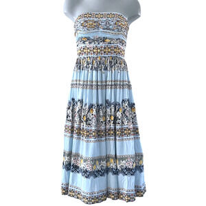 NEW WHITE HOUSE BLACK MARKET BLUE YELLOW STRAPLESS KNIT FIT & FLARE DRESS 00